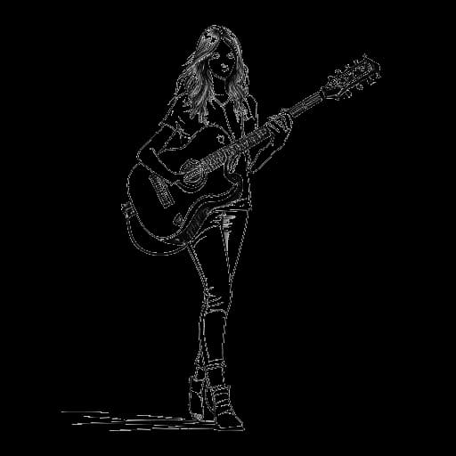 Lijntekening van een vrouw die Tana Mongeau vertegenwoordigt, staand op een catwalk, met een gitaar in haar hand