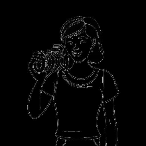 Lijntekening van een vrouw die Tana Mongeau vertegenwoordigt, met een camera in de hand en een tekstballon met 'Storytime'