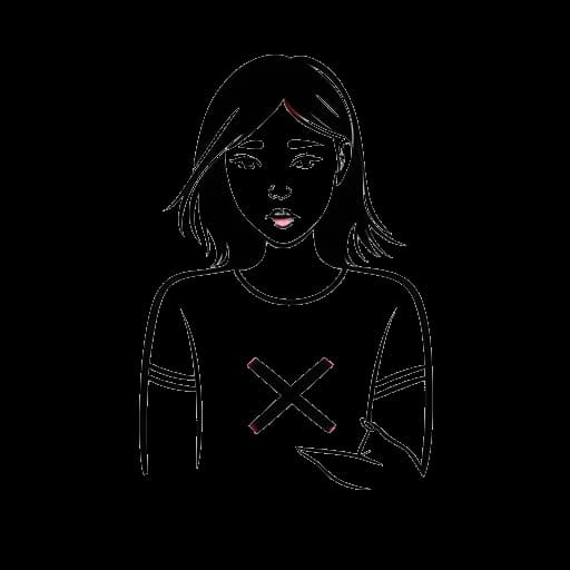 Lijntekening van een vrouw die Tana Mongeau vertegenwoordigt, een 'YouTube'-logo vasthoudend met een rode 'X' erover, met een verdrietige uitdrukking