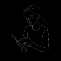 Disegno in stile line art di una donna, raffigurante Madeline Argy intenta a leggere un libro, in un atteggiamento di determinazione, su sfondo bianco.