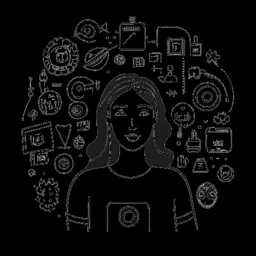 Disegno in stile line art di una donna, che raffigura Madeline Argy circondata da icone che rappresentano vari platform online, illustrando la sua ampia presenza sul web, su sfondo bianco.
