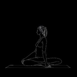 Disegno in stile line art di una donna, raffigurante Madeline Argy in una pacifica posizione di yoga nel suo ambiente domestico, su sfondo bianco.