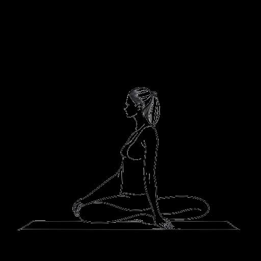 Disegno in stile line art di una donna, raffigurante Madeline Argy in una pacifica posizione di yoga nel suo ambiente domestico, su sfondo bianco.