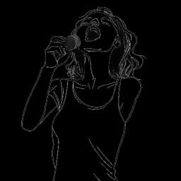 Disegno in stile line art di una giovane donna, raffigurante Madeline Argy impegnata in un video di playback, su sfondo bianco.