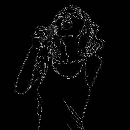 Disegno in stile line art di una giovane donna, raffigurante Madeline Argy impegnata in un video di playback, su sfondo bianco.