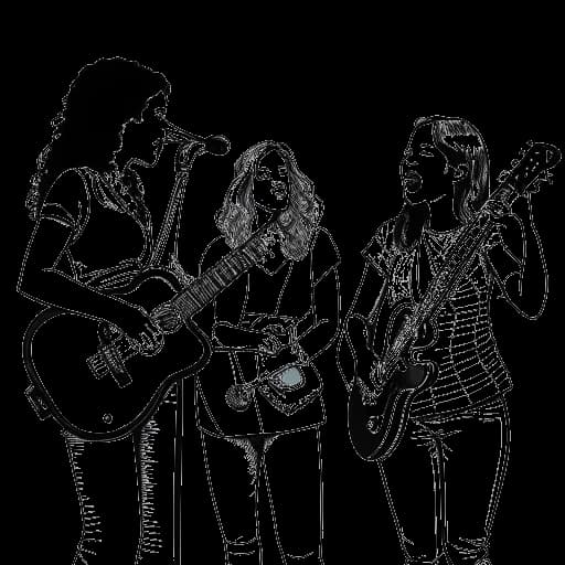 Line art drawing of Madeline Argy with her celebrity fans, Alex Cooper and Sabrina Carpenter