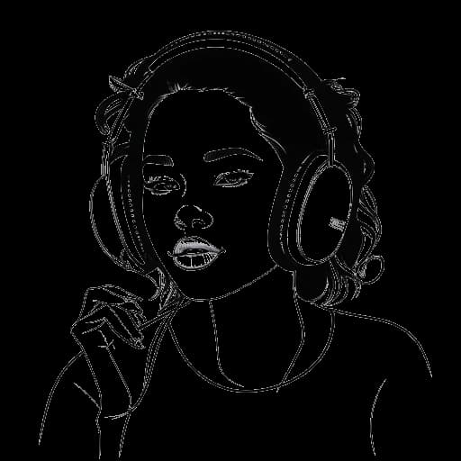 Lijntekening van Madeline Argy die haar eclectische smaak in muziek en haar plezier in artiesten zoals Kali Uchis en The Strokes vertegenwoordigt