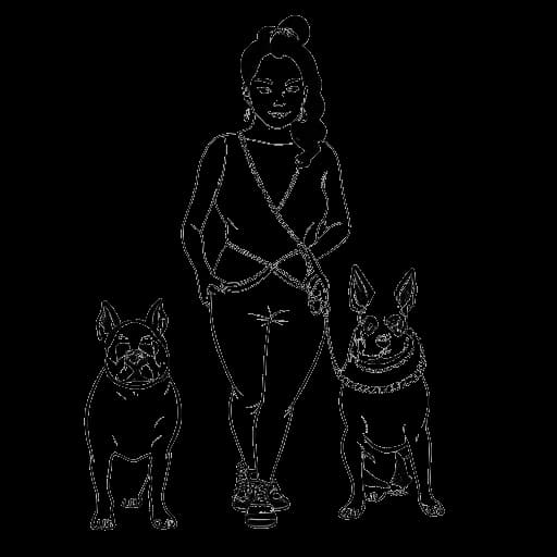 Lijntekening van Madeline Argy die haar huisdieren, een Franse buldog genaamd Bugs en twee geredde konijnen, vertegenwoordigt