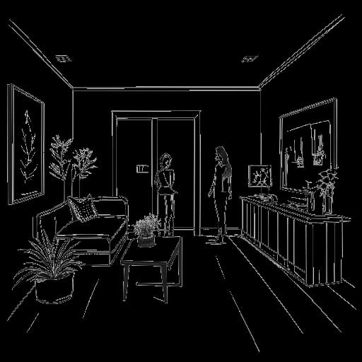 Lijntekening van Madeline Argy die haar liefde voor stijlvolle en met kunst gevulde leefruimtes vertegenwoordigt