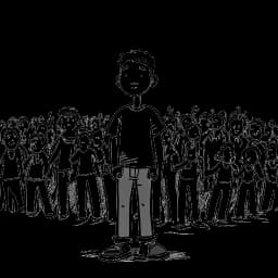 Dibujo de un niño joven, que representa a Matan Even, sosteniendo una camiseta 'Lucha por la Libertad, Apoya a Hong Kong' en medio de una audiencia.