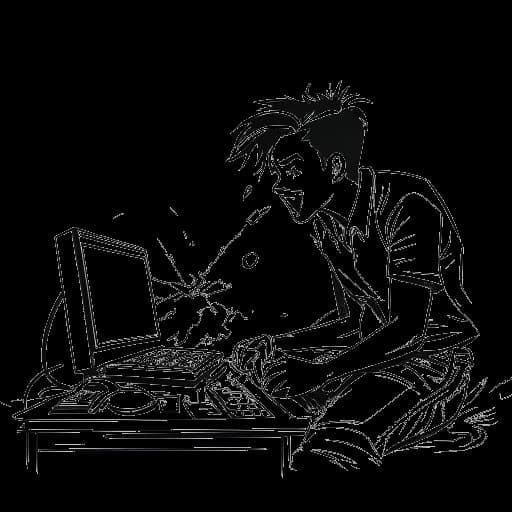 Lijntekening van een jonge man die een panel verstoort op een gameconventie, terwijl Matan Even wordt voorgesteld, op een witte achtergrond