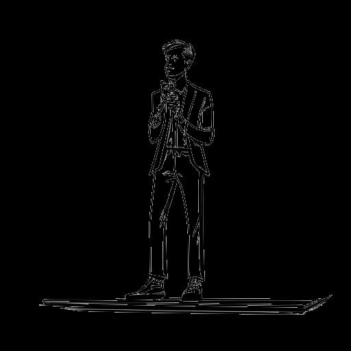 Lijntekening van een jonge man die het podium op sluipt tijdens een prijsuitreiking, terwijl Matan Even wordt voorgesteld, op een witte achtergrond