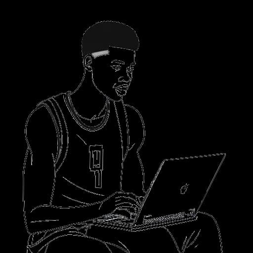 Lijntekening van een jonge man die meme-accounts overneemt en een NBA-speler trollt, terwijl Matan Even wordt voorgesteld, op een witte achtergrond