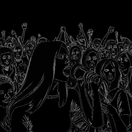 Illustration en ligne de Selena Gomez tenant un mégaphone et se tenant devant une foule diversifiée, représentant son travail de militantisme pour la santé mentale, l'égalité des genres, raciale et LGBT.