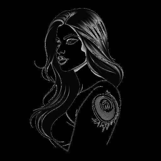 Desenho em arte linear do quadril direito de Selena Gomez, mostrando uma tatuagem de uma oração em árabe