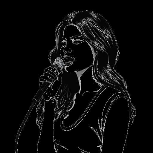 Desenho em arte linear de Selena Gomez segurando um microfone, representando sua carreira solo