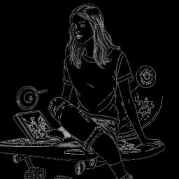 Line art representing Avery Cyrus with Gemini traits, selectively presenting her life on a digital display, with a custom skateboard and images symbolizing her online store, on a white backdrop.