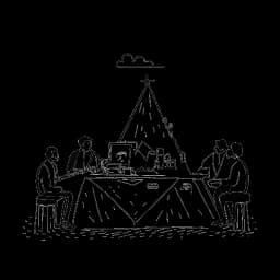 Dibujo de arte lineal de un hombre, representando a Wendigoon, colaborando con siluetas de otros creadores en medio de símbolos de videos de Iceberg y narrativas históricas, todo contra un fondo blanco