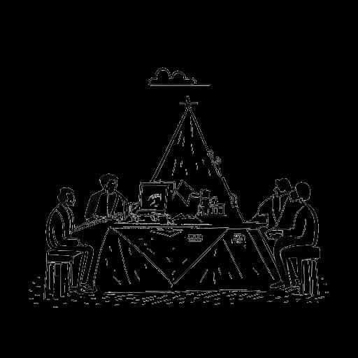 Dibujo de arte lineal de un hombre, representando a Wendigoon, colaborando con siluetas de otros creadores en medio de símbolos de videos de Iceberg y narrativas históricas, todo contra un fondo blanco