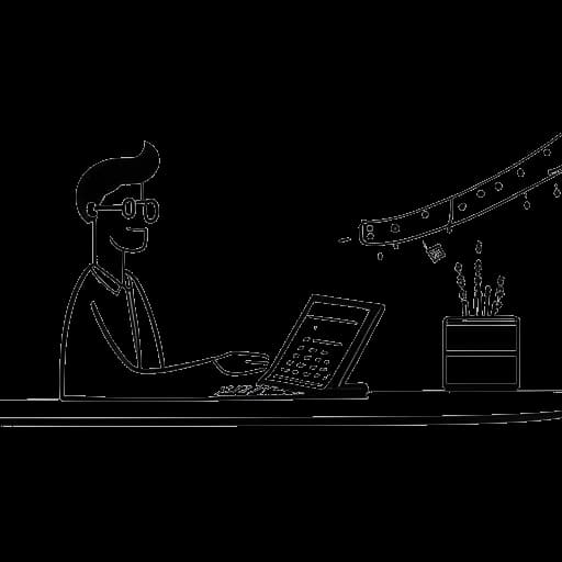 Desenho em arte de linha de um homem, representando Wendigoon, sentado com um laptop e microfone, gravando um vídeo para o YouTube. Atrás dele, uma pilha de notas de dólar simboliza sua renda, enquanto um gráfico ao fundo mostra uma trajetória ascendente, tudo em um fundo branco.