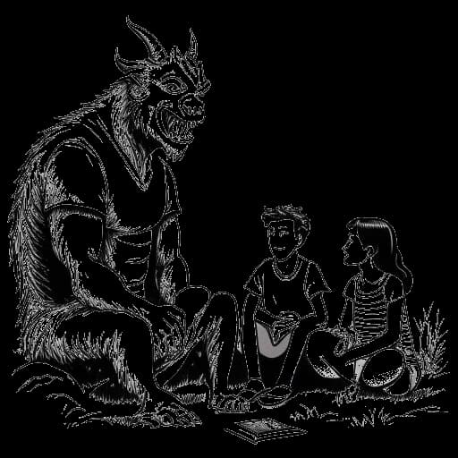Desenho em arte linear de Wendigoon quando jovem, ouvindo seus pais compartilharem contos de monstros da Appalachia.