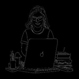 Lijntekening van een vrouw die Emily Black vertegenwoordigt, zelfverzekerd kijkend met een laptop, camera en boeken, wat haar diverse interesses en inkomstenbronnen aangeeft.