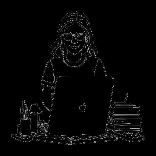 Lijntekening van een vrouw die Emily Black vertegenwoordigt, zelfverzekerd kijkend met een laptop, camera en boeken, wat haar diverse interesses en inkomstenbronnen aangeeft.