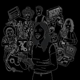 Lijntekening van een vrouw die Emily Black vertegenwoordigt, samenwerkt met verschillende makers te midden van camera's, microfoons en YouTube-iconen, wat haar veelzijdige content illustreert.