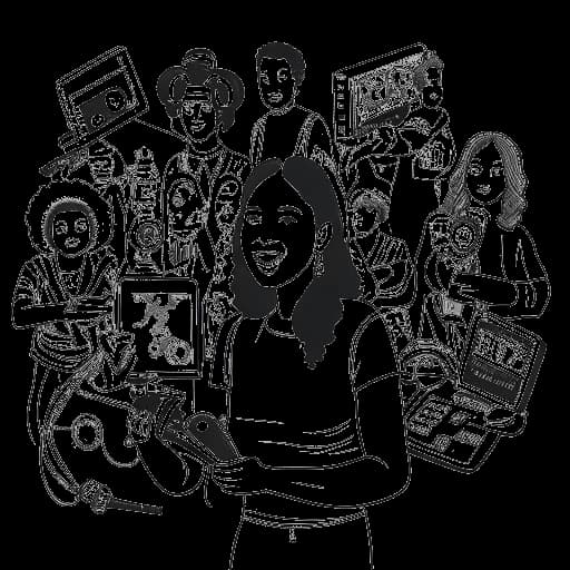 Lijntekening van een vrouw die Emily Black vertegenwoordigt, samenwerkt met verschillende makers te midden van camera's, microfoons en YouTube-iconen, wat haar veelzijdige content illustreert.