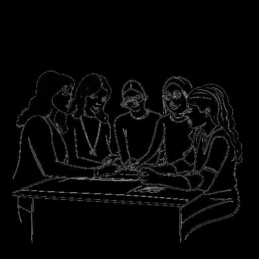 Line art drawing of Emily Black collaborating with Rhiannon Blue Taylor, Toni Camille, and Kira