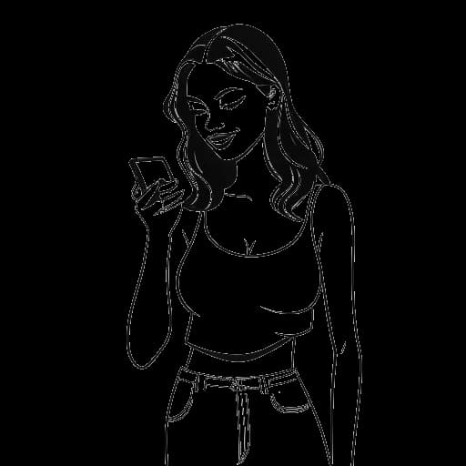 Dessin au trait d'Emily Black posant comme mannequin dans un club, tenant un smartphone affichant le logo OnlyFans