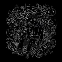 Lijn kunsttekening van een man, die Jon Bellion voorstelt, omringd door een mix van muzikale iconen en abstracte vormen, die de diepte van zijn album 'The Human Condition' weerspiegelen