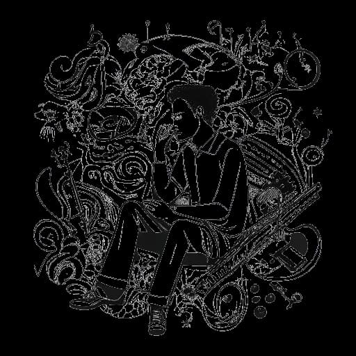 Lijn kunsttekening van een man, die Jon Bellion voorstelt, omringd door een mix van muzikale iconen en abstracte vormen, die de diepte van zijn album 'The Human Condition' weerspiegelen