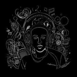 Lijn kunsttekening van een man, die Jon Bellion voorstelt, met koptelefoon gericht op zijn mixtape te midden van muzieknoten en symbolen, allemaal tegen een witte achtergrond