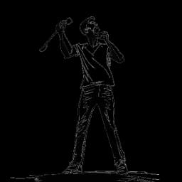 Lijn kunsttekening van een man, die Jon Bellion voorstelt, vol energie in interactie met een menigte op het podium met een microfoon, allemaal tegen een witte achtergrond