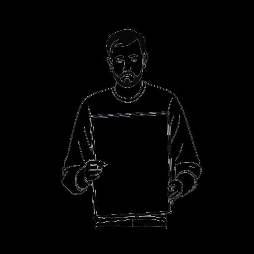 Lijntekening van een man die Jon Bellion vertegenwoordigt die zijn tweede albumhoes vasthoudt, op een witte achtergrond