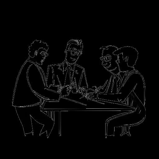 Lijntekening van een man die Jon Bellion vertegenwoordigt die een contract tekent met een band, op een witte achtergrond