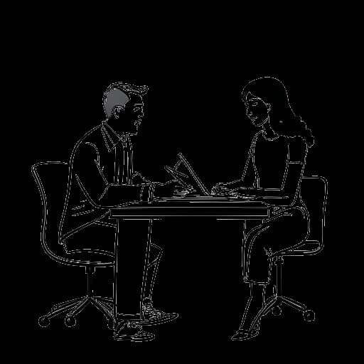 Lijntekening van een man die Jon Bellion vertegenwoordigt die aan een bureau zit en werkt onder begeleiding van een vrouw, op een witte achtergrond