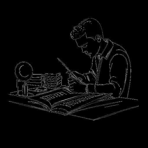 Lijntekening van een man die Jon Bellion vertegenwoordigt die lyrics schrijft op papier met een muzieknoot en twee albumhoezen op de achtergrond, op een witte achtergrond