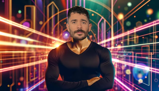 Jon Bellion, a confident and well-groomed musician with a muscular body, looking directly at the camera in a formal or smart casual attire. The vibrant background sets the stage for his musical journey and achievements.