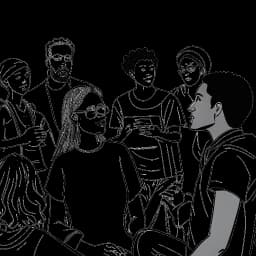 Strichzeichnung von Aljosha Muttardi, der in einem Gespräch engagiert ist und von einer vielfältigen Gruppe von Personen umgeben ist. Die Zeichnung symbolisiert sein Engagement und seine Inklusivität. Die Zeichnung ist vor einem weißen Hintergrund platziert.