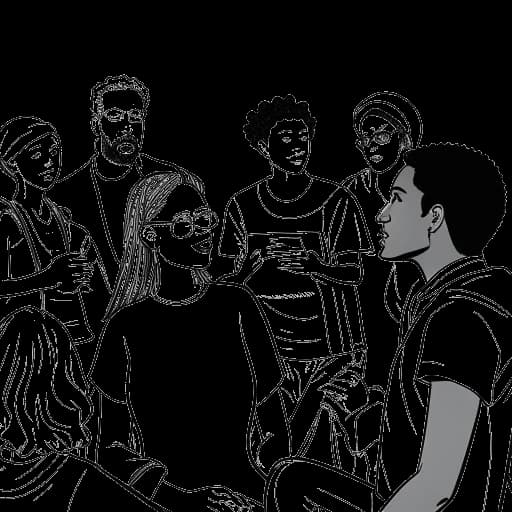 Strichzeichnung von Aljosha Muttardi, der in einem Gespräch engagiert ist und von einer vielfältigen Gruppe von Personen umgeben ist. Die Zeichnung symbolisiert sein Engagement und seine Inklusivität. Die Zeichnung ist vor einem weißen Hintergrund platziert.