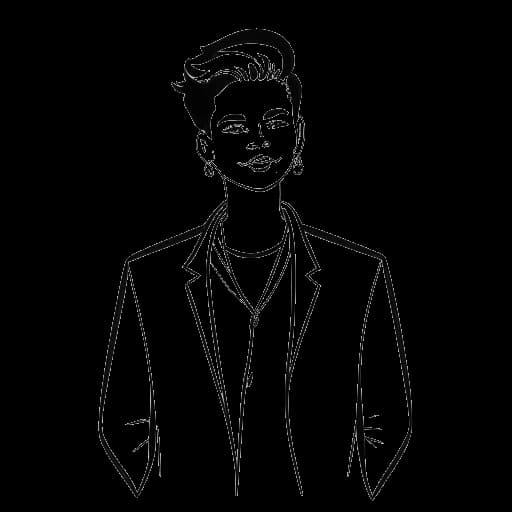 Strichzeichnung, die Aljosha Muttardi, den Moderator von 'Queer Eye Germany', repräsentiert. Die Zeichnung fängt seine charismatische und mitfühlende Präsenz ein, während er im Rampenlicht steht. Die Zeichnung ist vor einem weißen Hintergrund platziert.