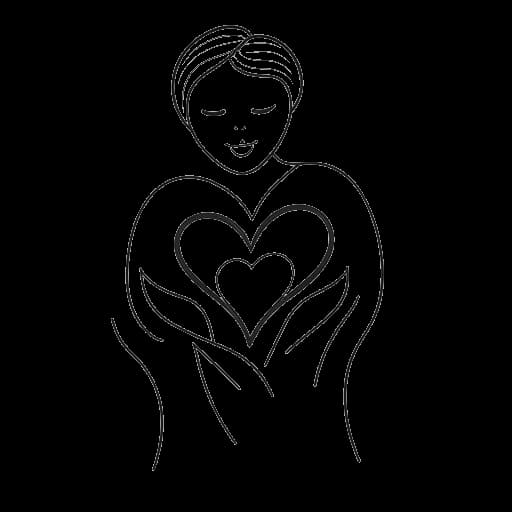 Strichzeichnung einer Person, die Aljosha Muttardi darstellt, die ein Herz und ein Blatt hält, und damit ihre Offenheit bezüglich psychischer Gesundheit und die Förderung der Selbstfürsorge unter Aktivisten symbolisiert.