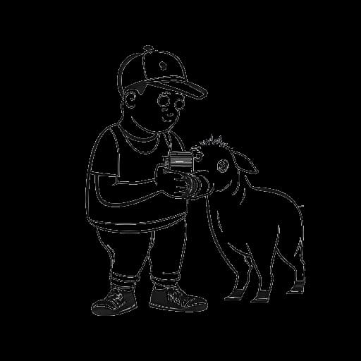 Strichzeichnung einer Person, die Aljosha Muttardi darstellt, die eine Kamera hält, mit einem Ferkel und einer Sau im Hintergrund, und damit ihr virales Video über die Behandlung von Tieren symbolisiert.