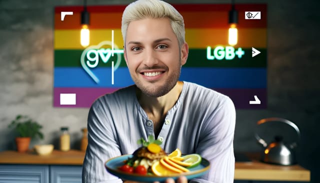 Aljosha Muttardi, a mid-30s male with a bald head, smiling confidently in a vibrant kitchen, holding a plate of delicious vegan food. The background features LGBTQ+ rainbow colors and subtle symbols of animal rights, reflecting Aljosha's dedication to veganism and activism.