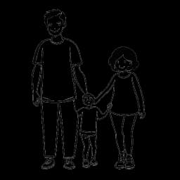 Strichzeichnung eines Mannes, dargestellt als Pietro Lombardi, in einem familiären Kontext mit einer Frau und seinem Kind