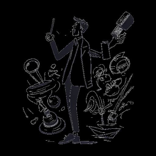 Strichzeichnung eines Mannes, der Pietro Lombardi darstellt, mit einem Mikrofon und einem Richterhammer in der Hand, umgeben von verschiedenen Kleidungsstücken, die gegen einen weißen Hintergrund wirbeln.