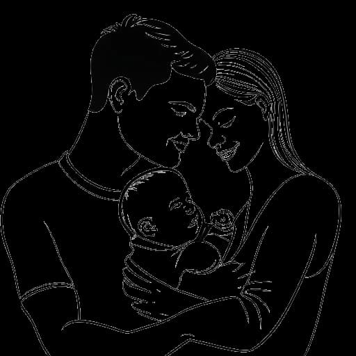 Strichzeichnung eines Paares, das Pietro Lombardi und Laura Maria Rypa darstellt, die ihren neugeborenen Sohn halten, was ihre Verlobung und den kürzlichen Familienzuwachs symbolisiert