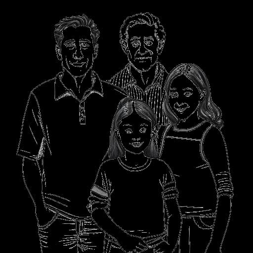 Strichzeichnung einer Familie, die Pietro Lombardis italienische Abstammung darstellt, mit einem Mann, einer Frau, einem älteren Bruder und einer jüngeren Schwester